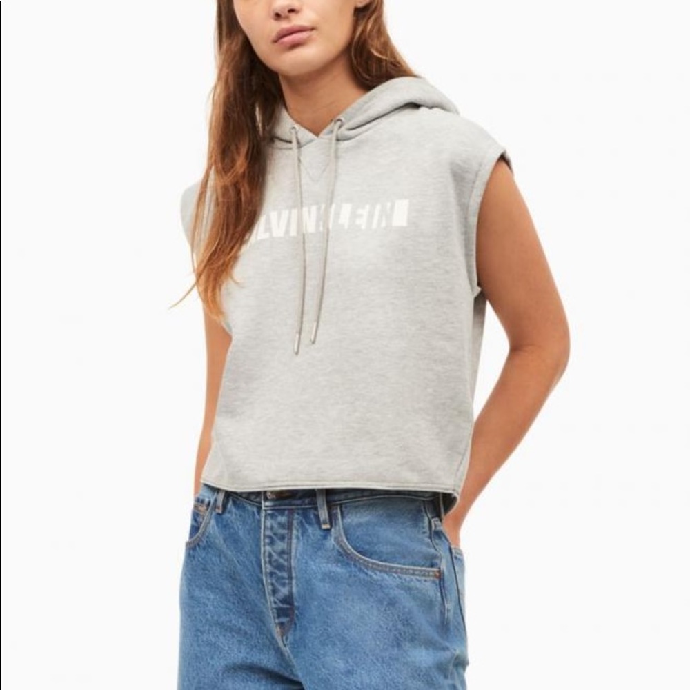 Calvin Klein Vintage Sweatshirt Top Hooded Grey Womens Small Cropped Sleeveless